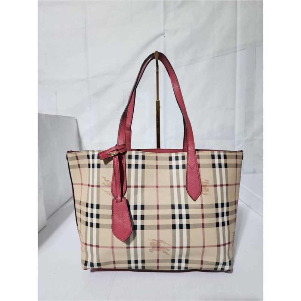 Authentic BURBERRY Haymarket Check Small Reversible Tote Bag Beige/Pink